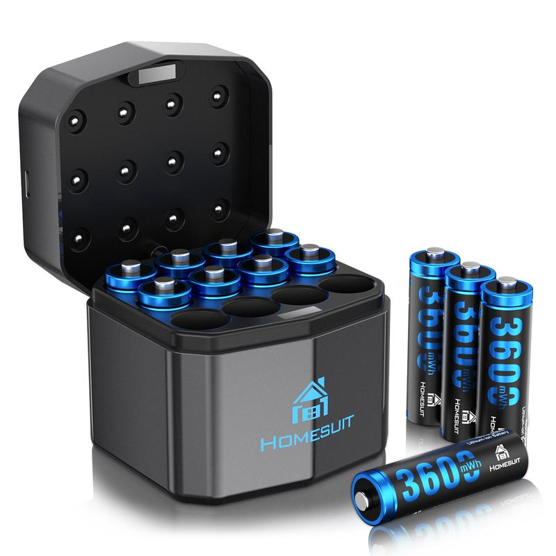 Homesuit Rechargeable Lithium AA Batteries with Charger 12 Bay, 1.5 Volt High Power 3600Mwh Lithium Batteries AA Rechargeable, Li-Ion Double a Battery 12 Pack Recharge up to 2000+ Cycles, Blue