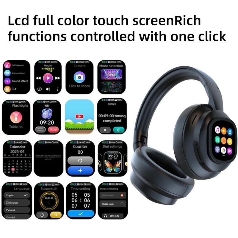 VUB Bluetooth 6.0 LCD Touchscreen Wireless Noise-Canceling Headphones with DIY Wallpapers & Multiple Sound Effects for Men & Women - Portable