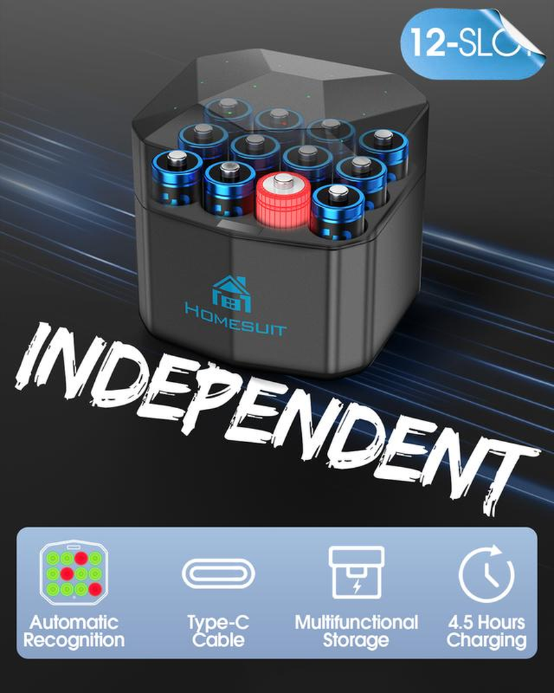 Homesuit Rechargeable Lithium AA Batteries with Charger 12 Bay, 1.5 Volt High Power 3600Mwh Lithium Batteries AA Rechargeable, Li-Ion Double a Battery 12 Pack Recharge up to 2000+ Cycles, Blue